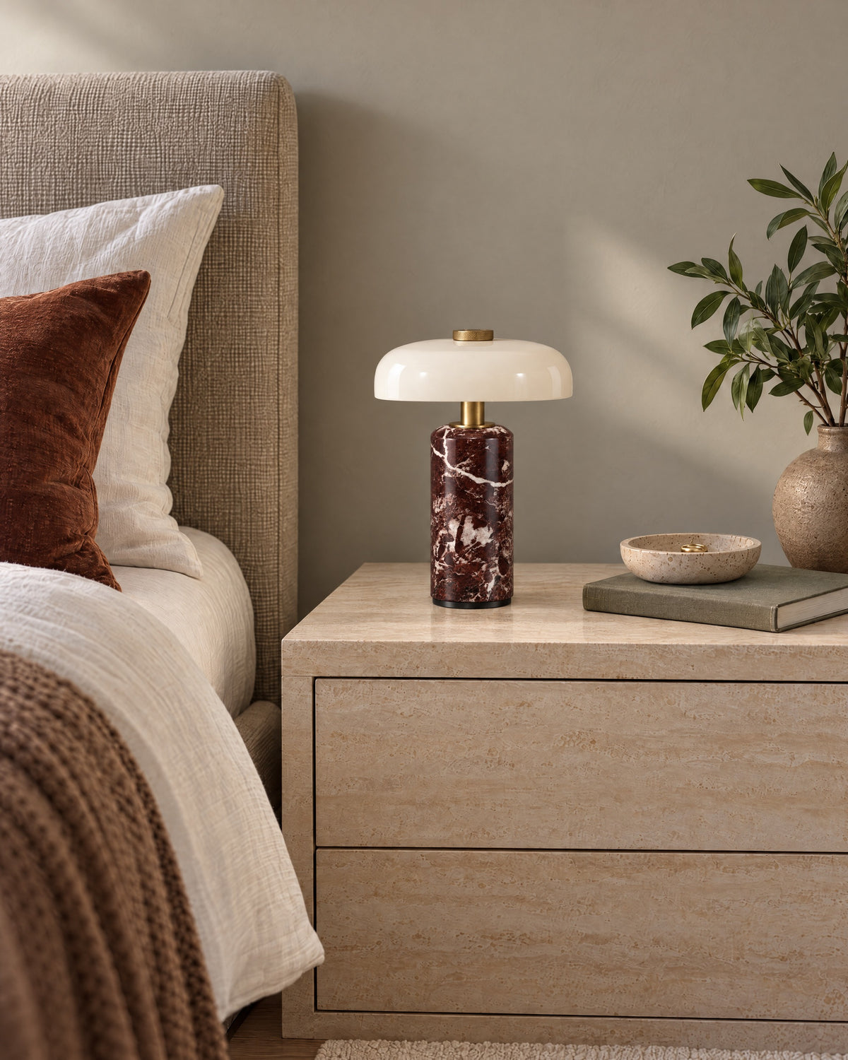 Red Marble: Stone Cordless Marble Nightstand Lamp switched off in soft morning daylight