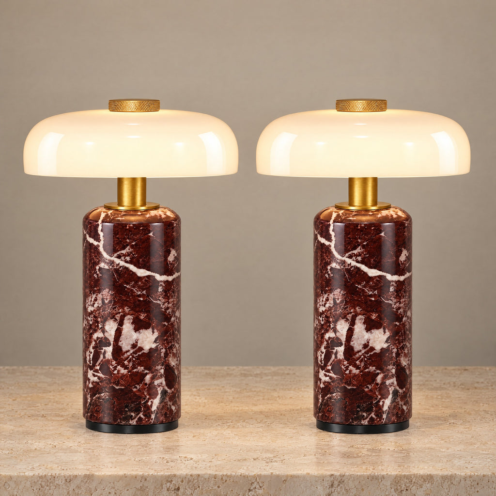 Stone Cordless Marble Nightstand Lamp, Set of 2, both lamps switched on