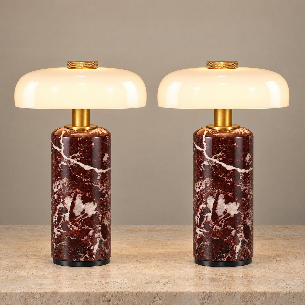 Stone Cordless Marble Nightstand Lamp, Set of 2, both lamps switched on
