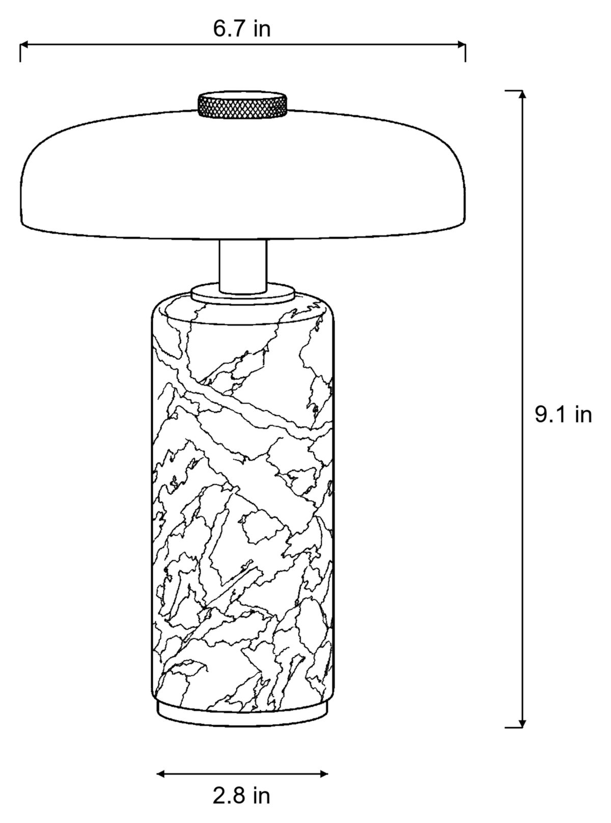 Dimensions sketch of the Stone Cordless Marble Nightstand Lamp with measurements