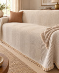 Ivory Sand: Stripe Herringbone Sofa Cover, styled on a sofa