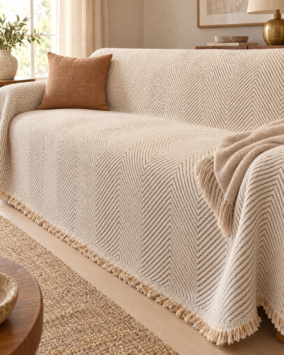 Ivory Sand: Stripe Herringbone Sofa Cover, styled on a sofa