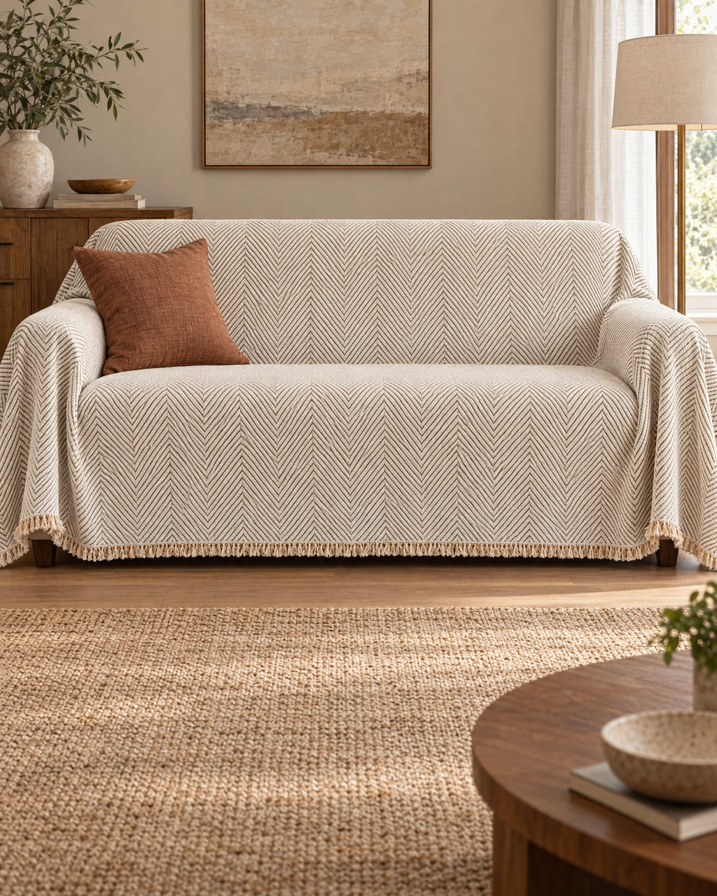 Ivory Sand: Stripe Herringbone Sofa Cover shown on a full sofa