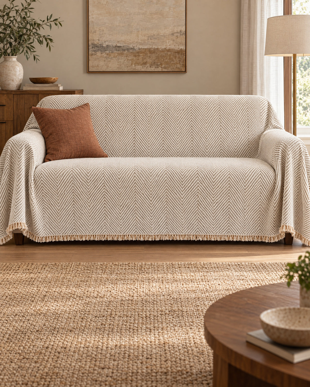 Ivory Sand: Stripe Herringbone Sofa Cover shown on a full sofa