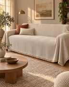 Ivory Sand: Stripe Herringbone Sofa Cover in a warm living room