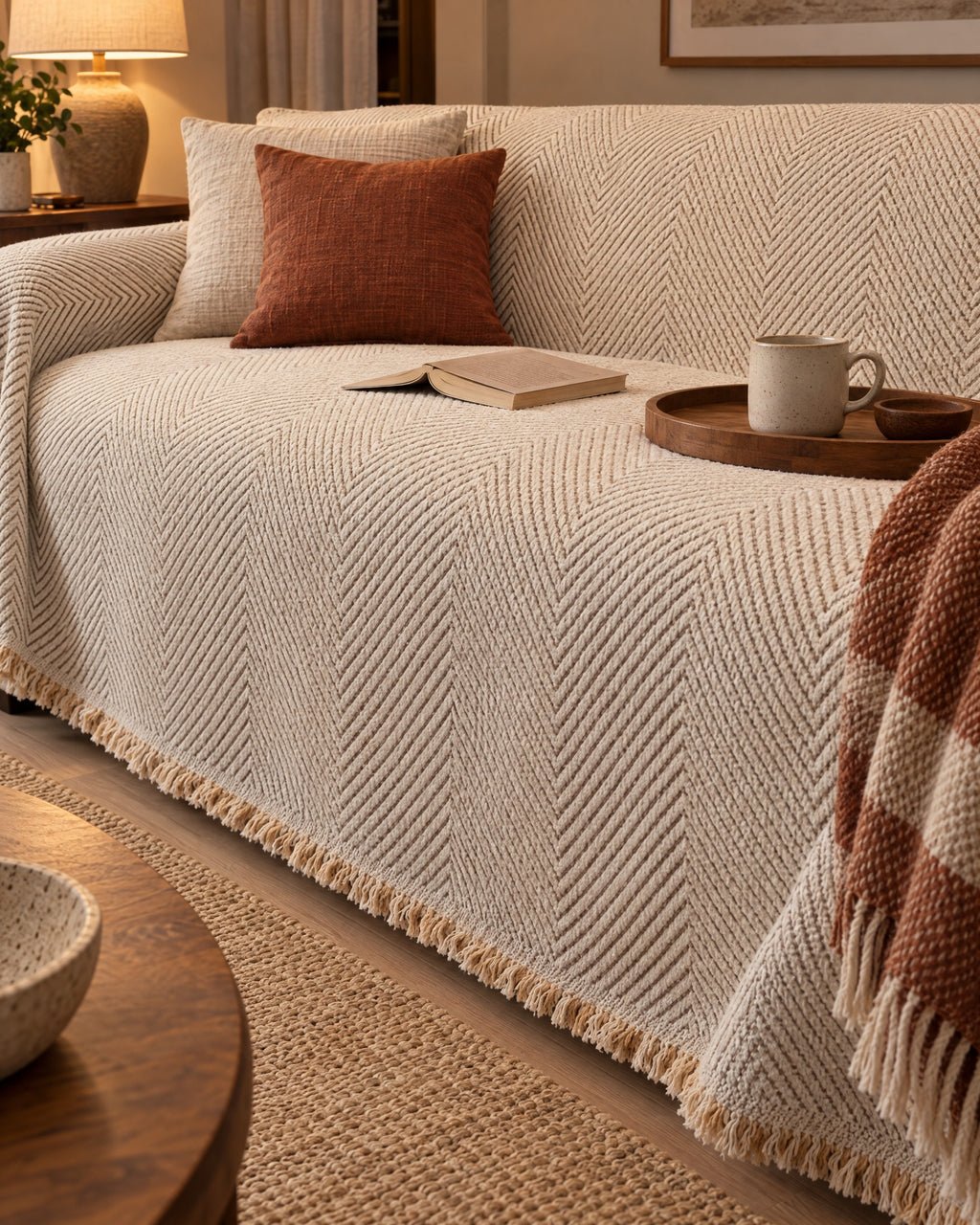 Ivory Sand: Stripe Herringbone Sofa Cover on a cozy lived-in sofa