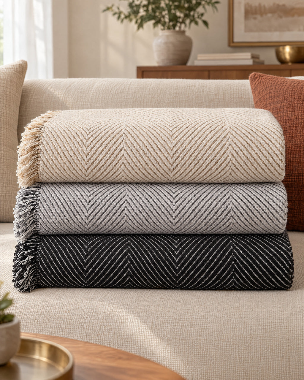 Ivory Sand: All variants of the Stripe Herringbone Sofa Cover folded in one stack