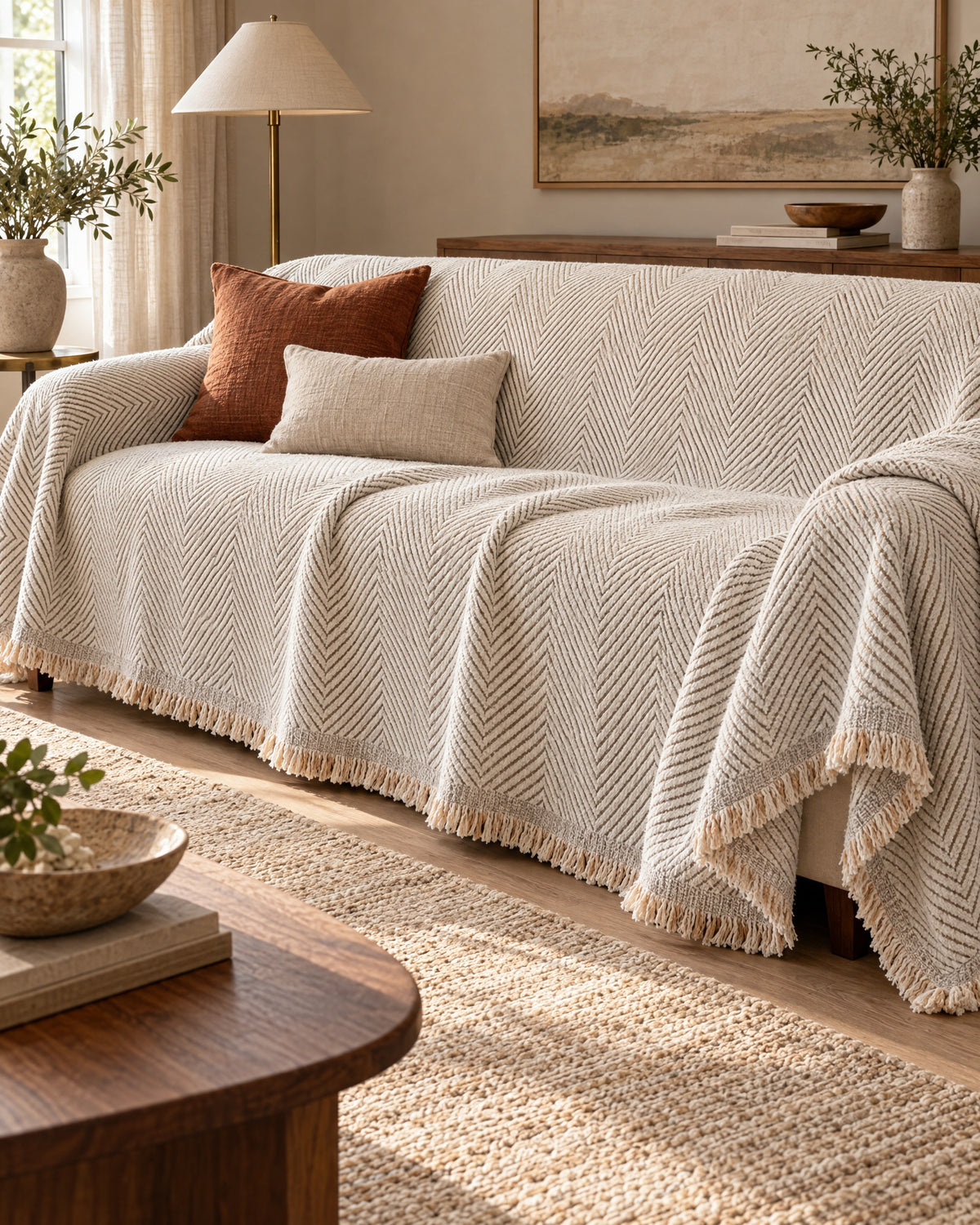 Ivory Sand: The drape and fall of the Stripe Herringbone Sofa Cover