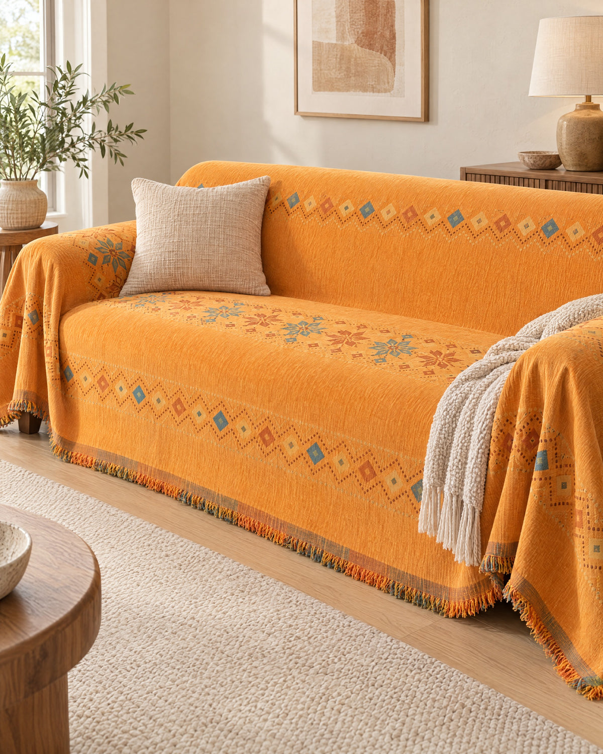 Orange: Stylish Boho Sofa Cover, styled on a sofa