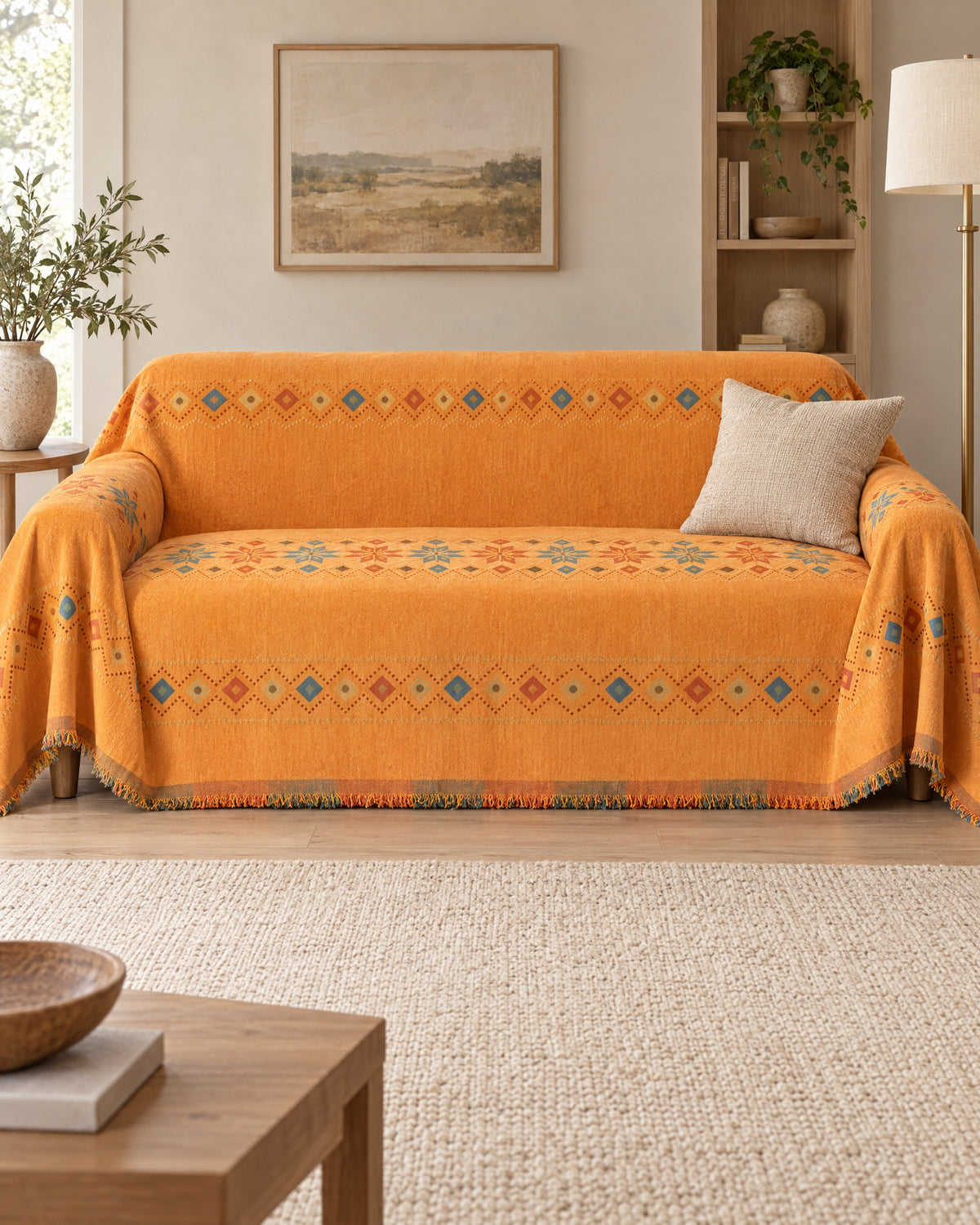 Orange: Stylish Boho Sofa Cover shown on a full sofa