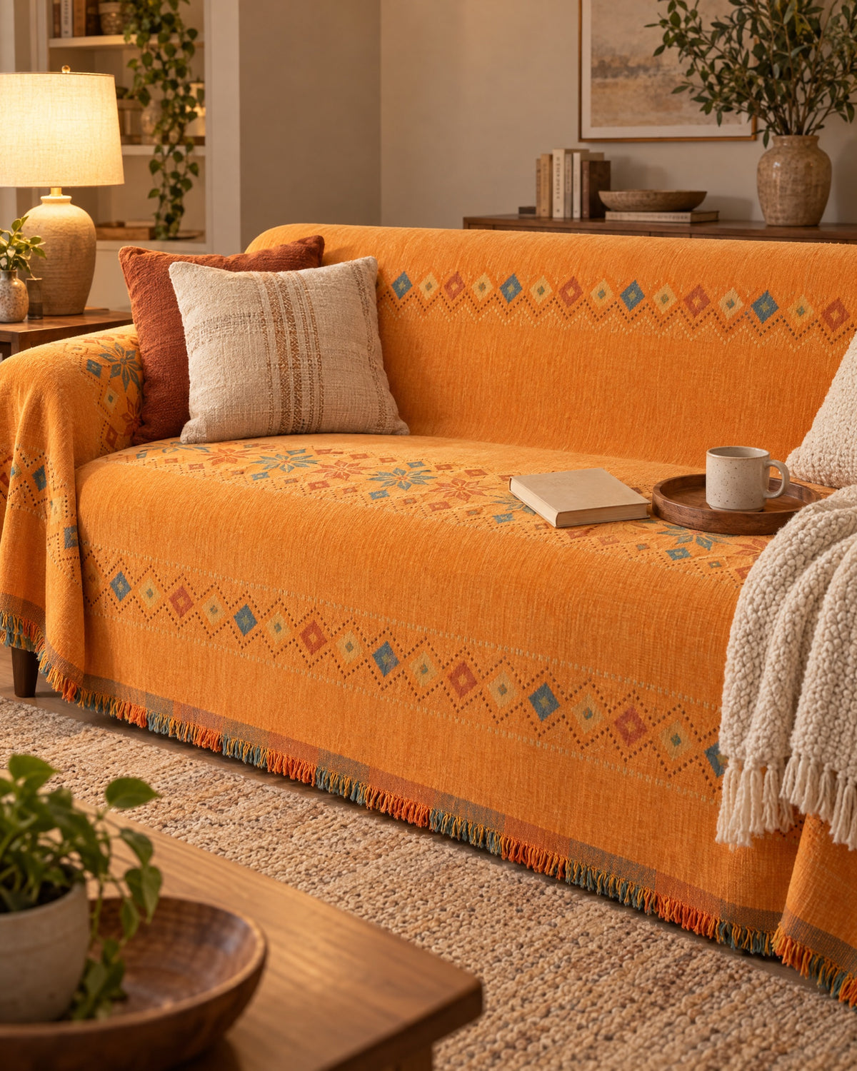 Orange: Stylish Boho Sofa Cover on a cozy lived-in sofa