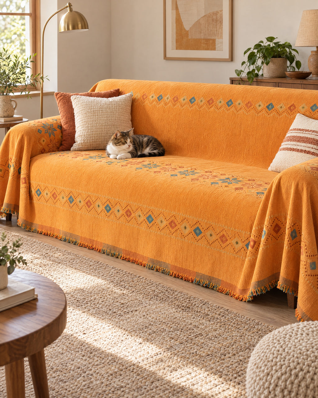 Orange: A cat resting on the Stylish Boho Sofa Cover