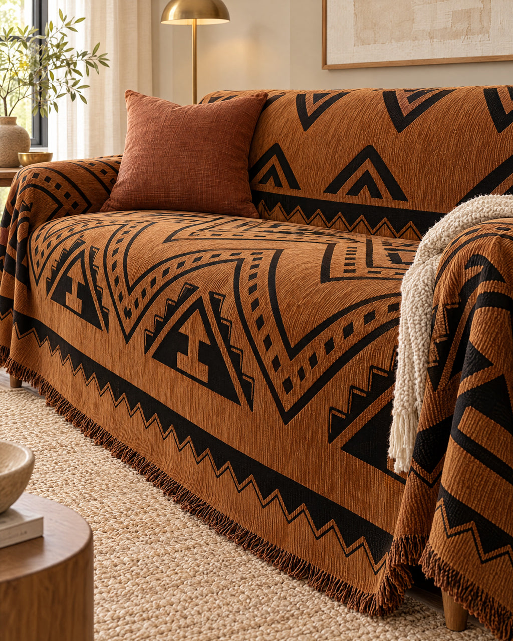 Bold Triangles: Tribal Geometric Chenille Sofa Cover, styled on a sofa