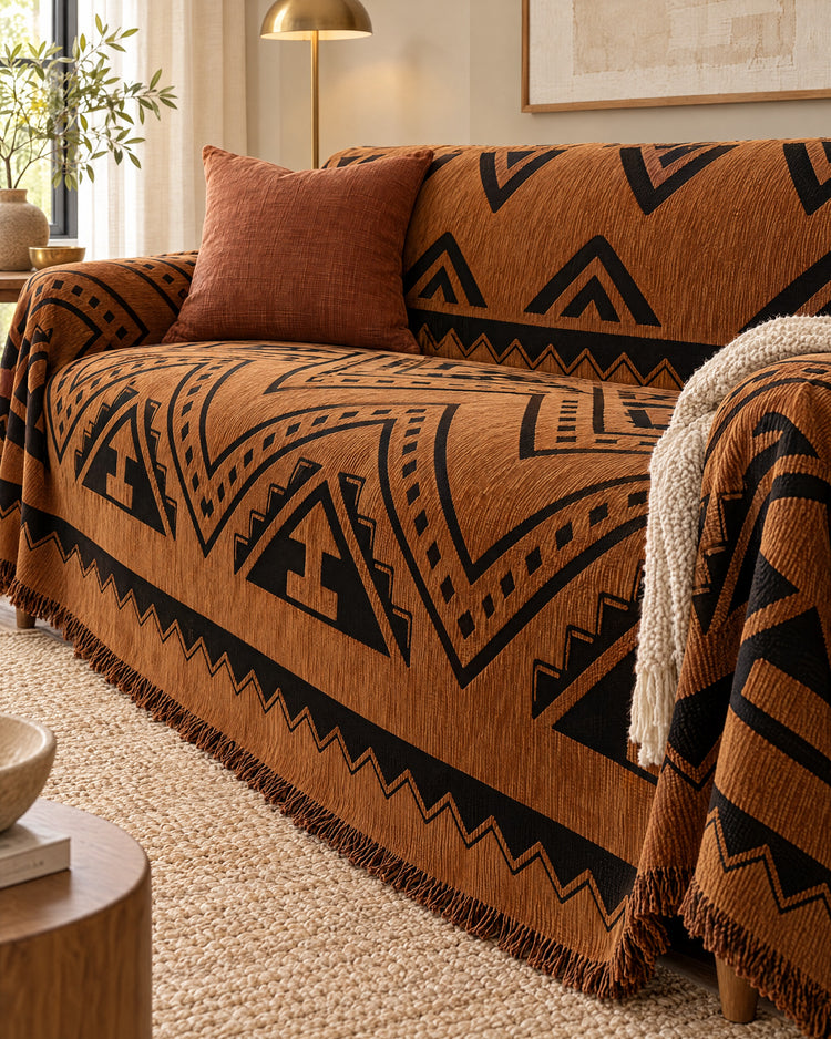 Bold Triangles: Tribal Geometric Chenille Sofa Cover, styled on a sofa