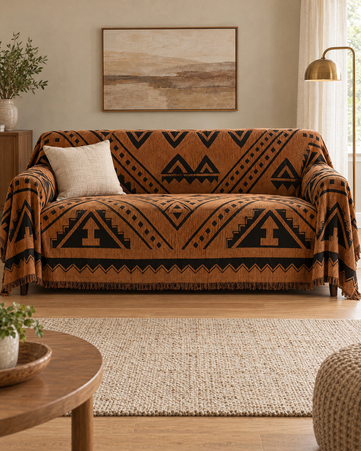Bold Triangles: Tribal Geometric Chenille Sofa Cover shown on a full sofa