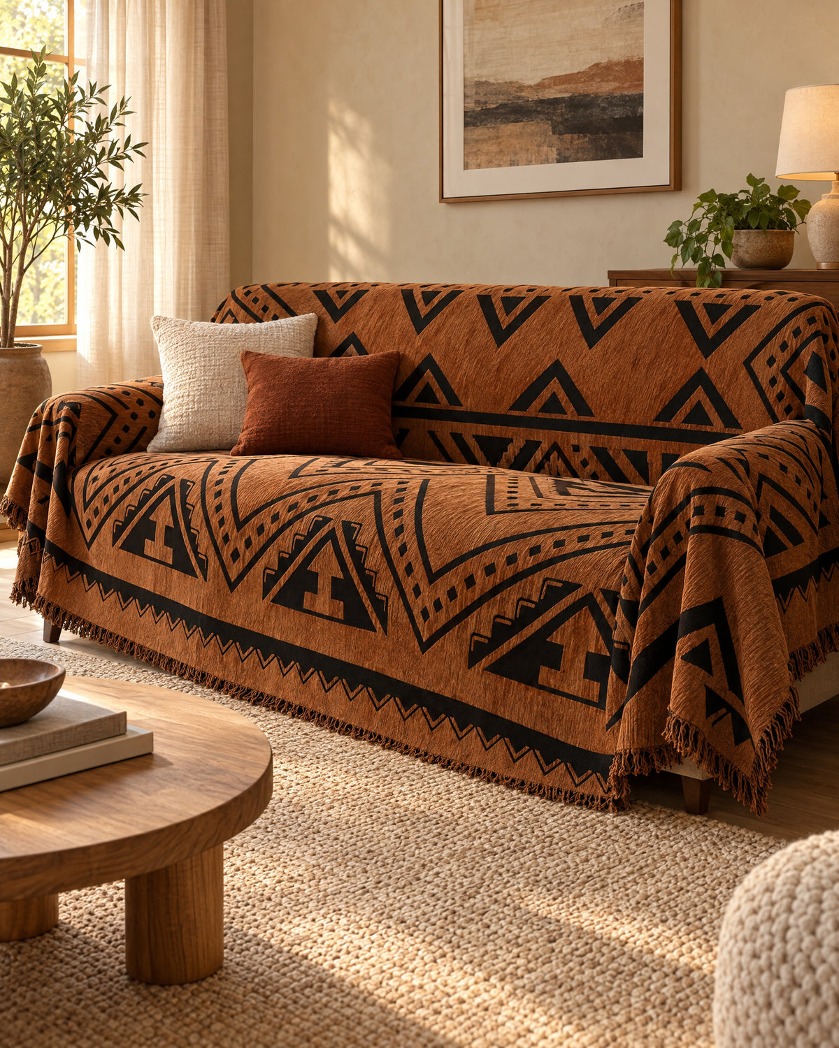 Bold Triangles: Tribal Geometric Chenille Sofa Cover in a warm living room