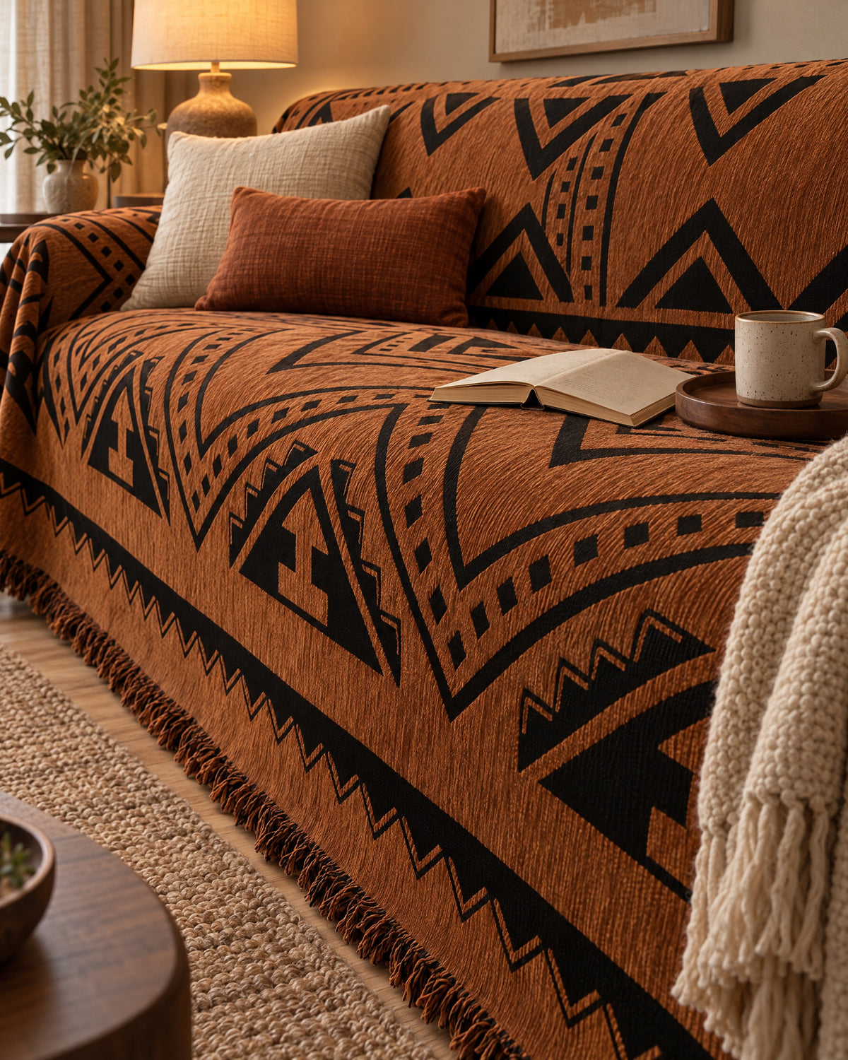Bold Triangles: Tribal Geometric Chenille Sofa Cover on a cozy lived-in sofa
