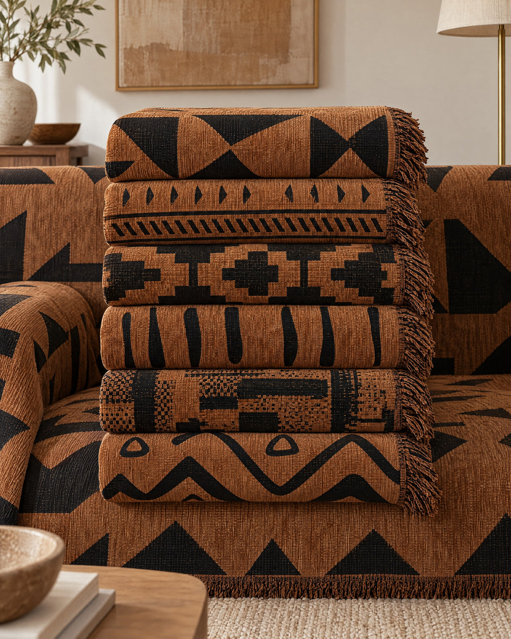 Bold Triangles: All variants of the Tribal Geometric Chenille Sofa Cover folded in one stack