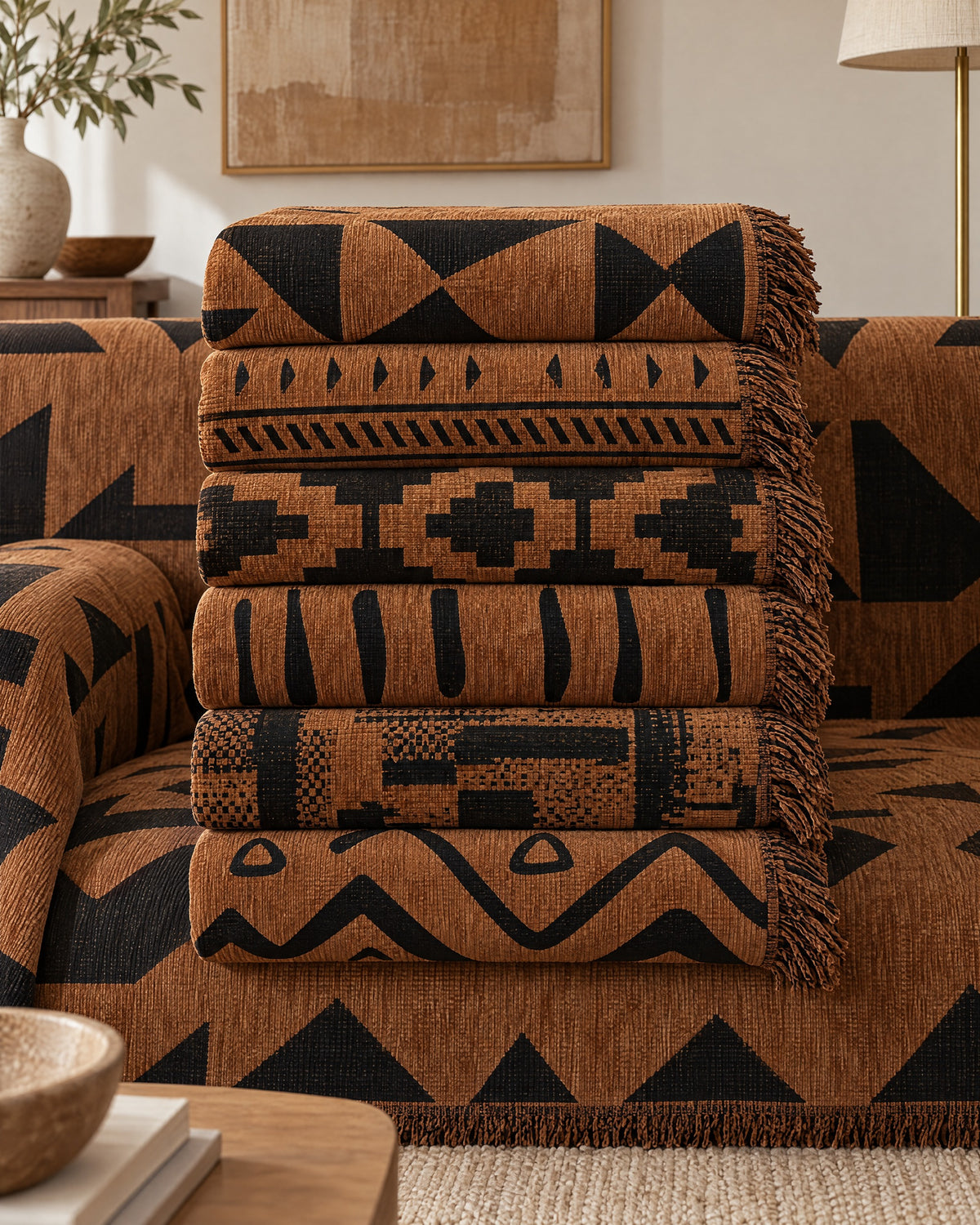 Bold Triangles: All variants of the Tribal Geometric Chenille Sofa Cover folded in one stack