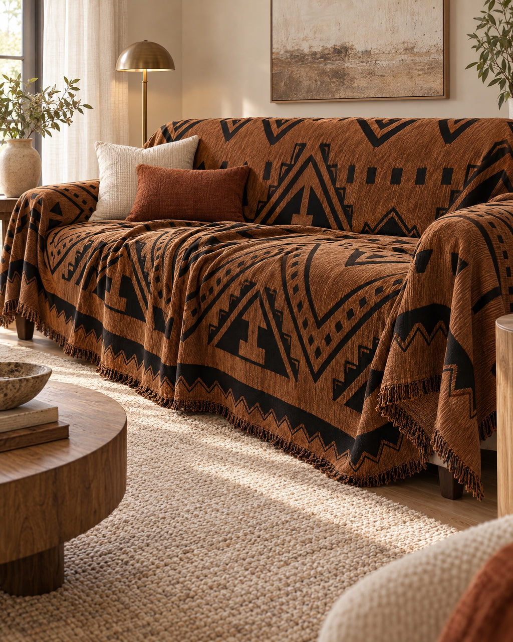 Bold Triangles: The drape and fall of the Tribal Geometric Chenille Sofa Cover
