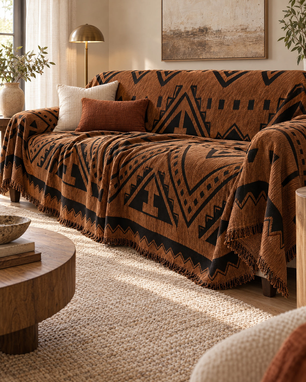 Bold Triangles: The drape and fall of the Tribal Geometric Chenille Sofa Cover
