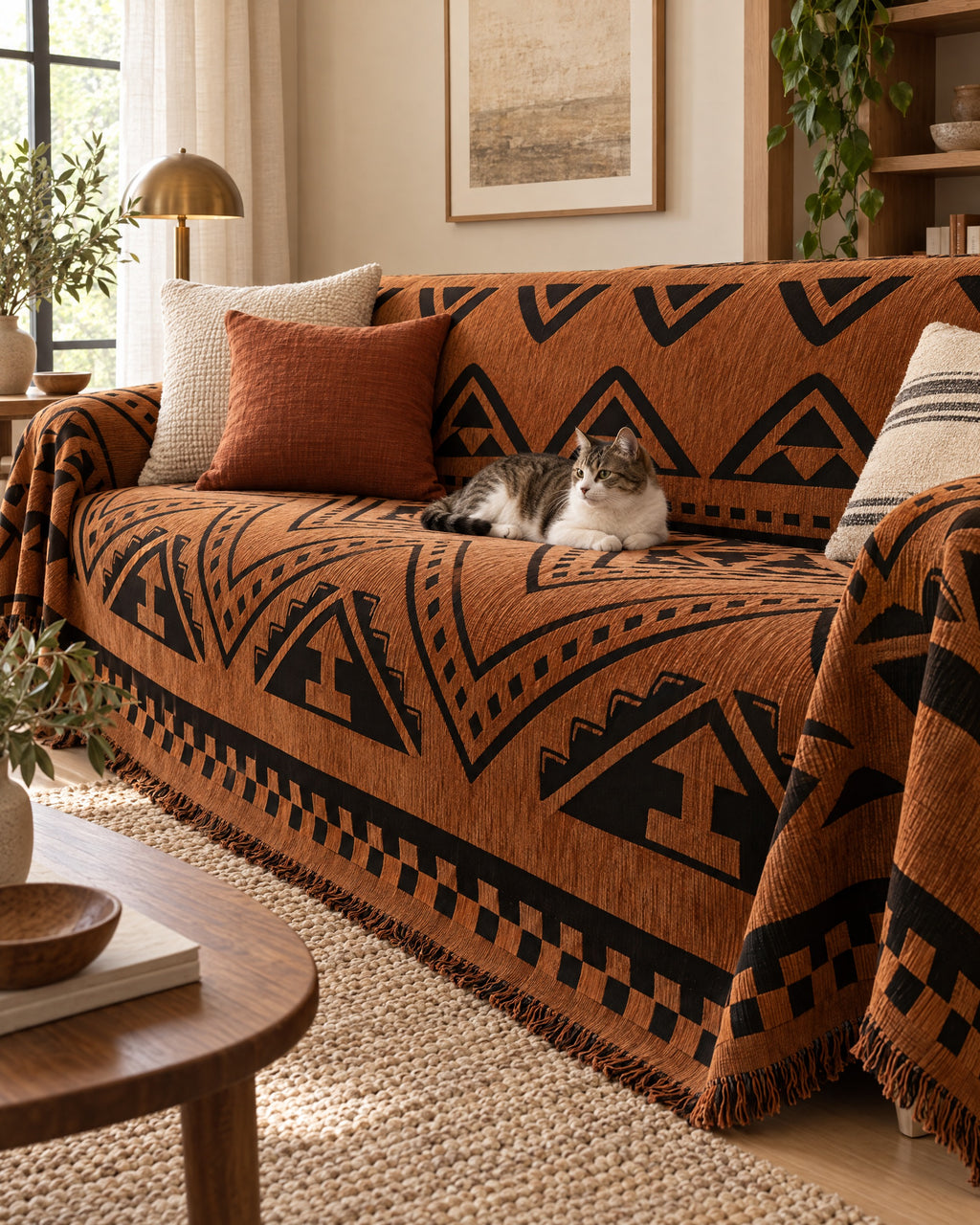 Bold Triangles: A cat resting on the Tribal Geometric Chenille Sofa Cover