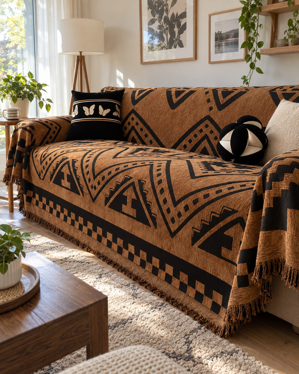 Tribal Geometric Chenille Sofa Cover in a real home