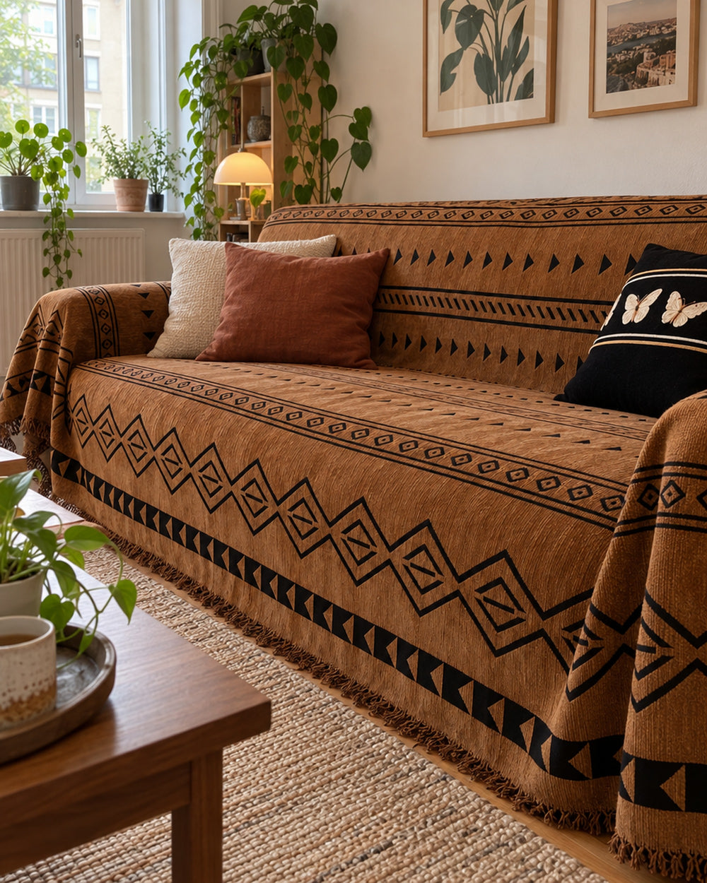 Tribal Geometric Chenille Sofa Cover in a real home
