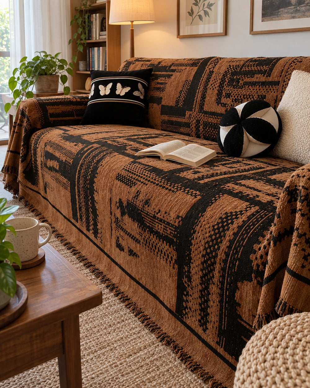 Tribal Geometric Chenille Sofa Cover in a real home