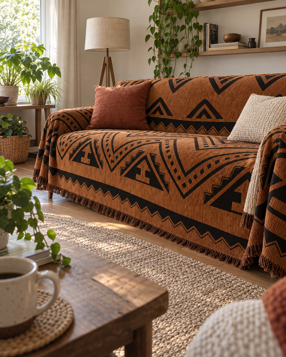 Tribal Geometric Chenille Sofa Cover in a real home