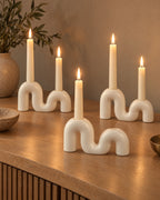Twist Ceramic Double Candle Holder, three styled together with lit candles
