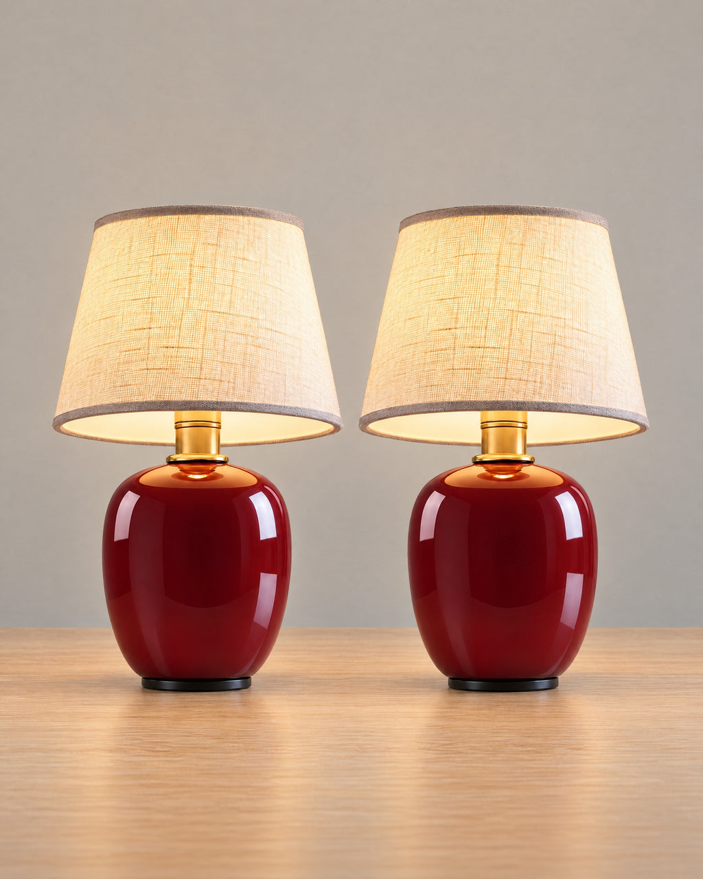 Burgundy: Vessel Cordless Ceramic Nightstand Lamp, Set of 2, both lamps switched on