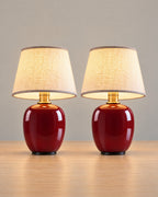 Burgundy: Vessel Cordless Ceramic Nightstand Lamp, Set of 2, both lamps switched on