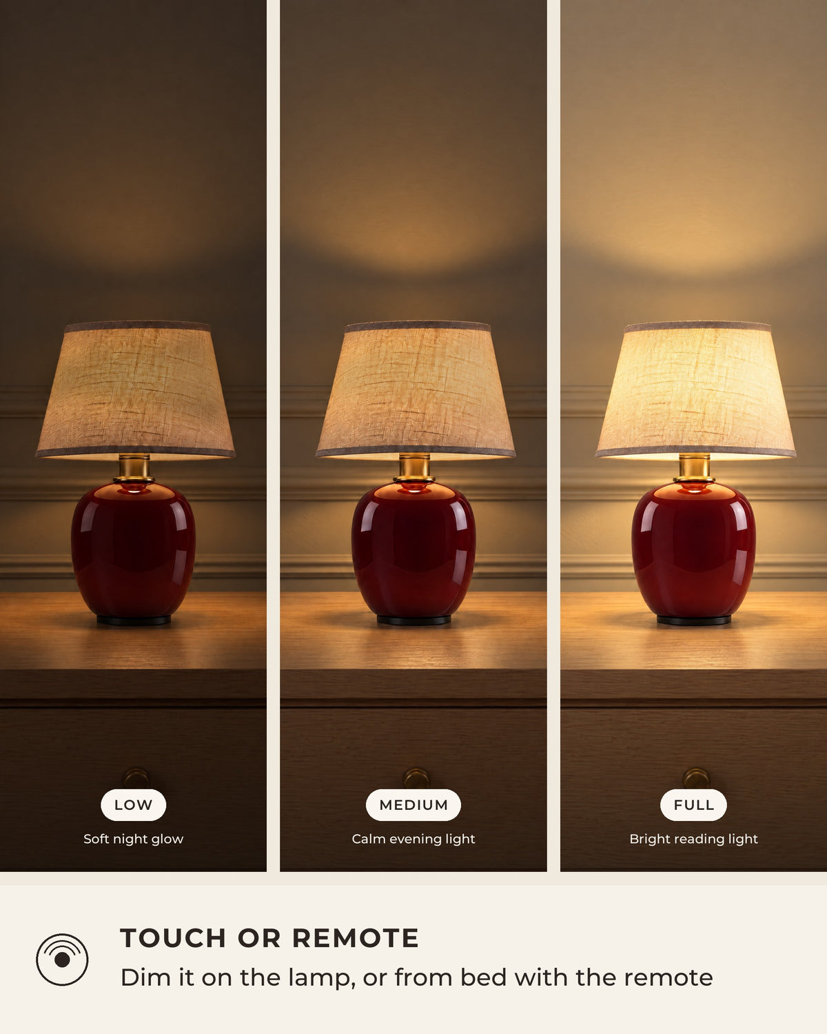 Burgundy: Vessel Cordless Ceramic Nightstand Lamp dimming levels, low, medium and full brightness