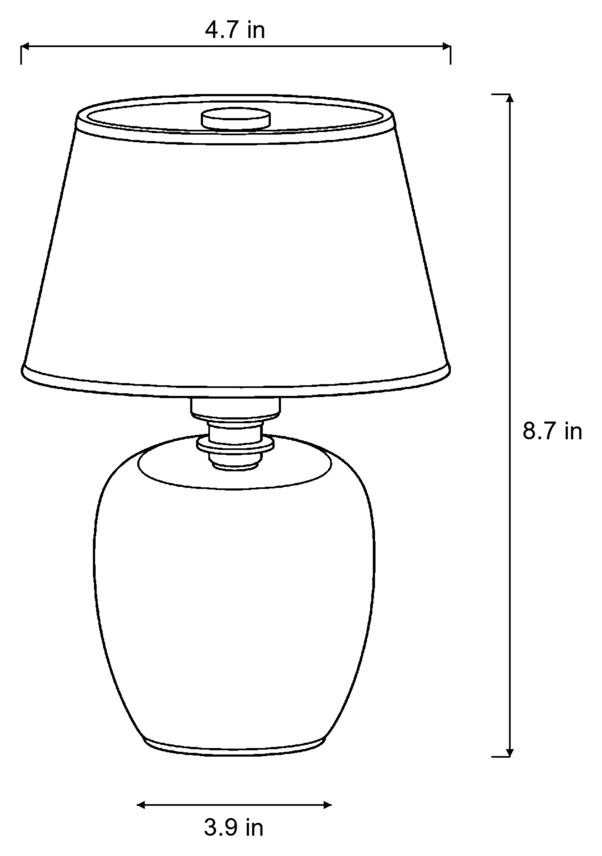 Dimensions sketch of the Vessel Cordless Ceramic Nightstand Lamp with measurements