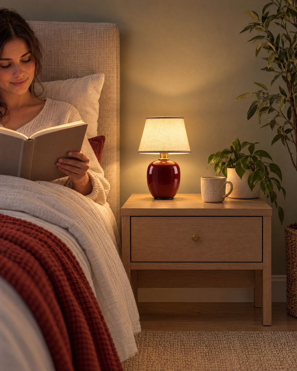 Burgundy: Vessel Cordless Ceramic Nightstand Lamp as a reading light beside a woman reading in bed