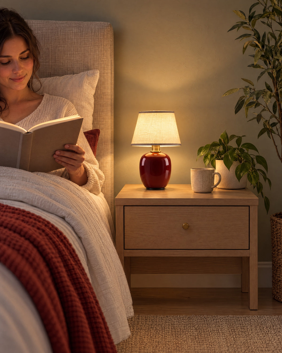 Burgundy: Vessel Cordless Ceramic Nightstand Lamp as a reading light beside a woman reading in bed