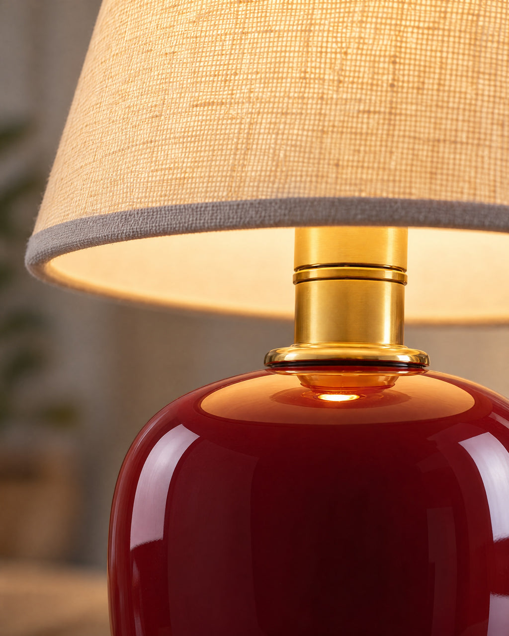 Burgundy: Close-up of the materials and finish of the Vessel Cordless Ceramic Nightstand Lamp