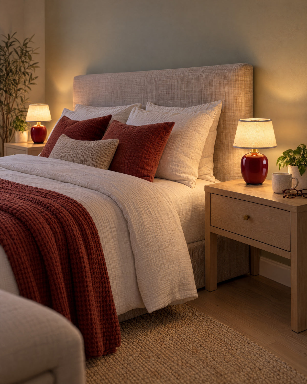 Burgundy: Two Vessel Cordless Ceramic Nightstand Lamp lamps flanking a bed at night