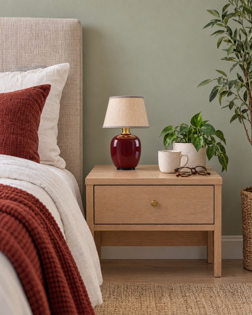 Burgundy: Vessel Cordless Ceramic Nightstand Lamp switched off in soft morning daylight