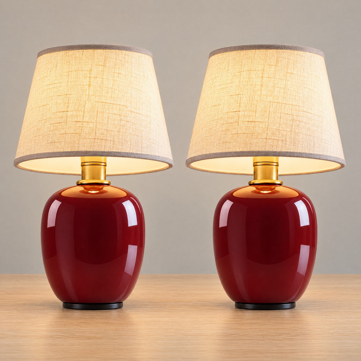 Burgundy: Vessel Cordless Ceramic Nightstand Lamp, Set of 2, both lamps switched on