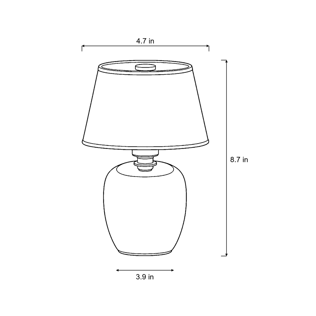 Dimensions sketch of the Vessel Cordless Ceramic Nightstand Lamp with measurements