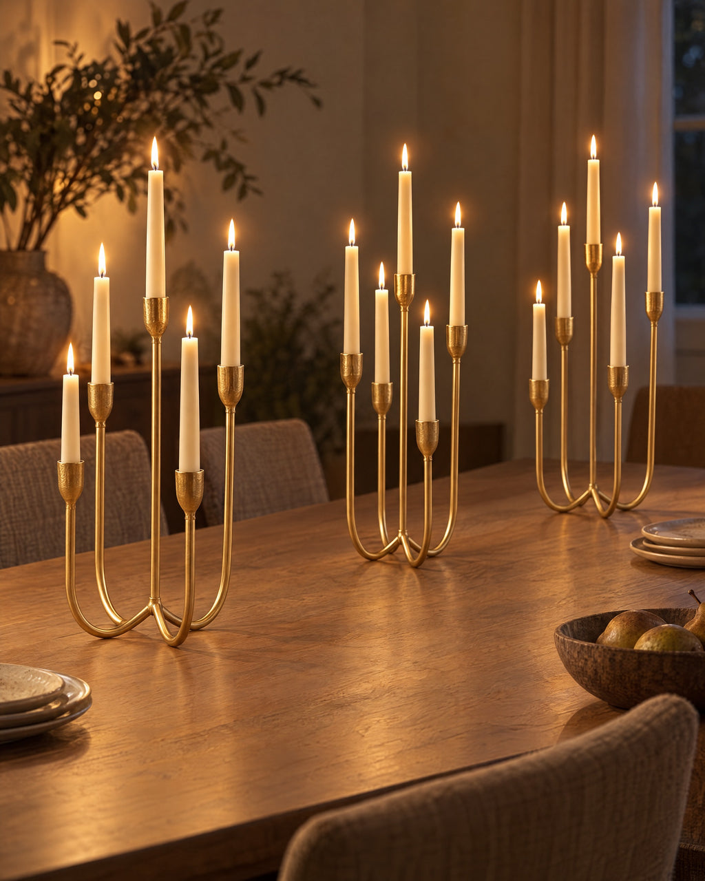 Quinta Five-Arm Iron Candelabra, three styled together with lit candles