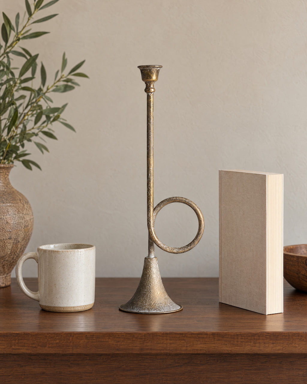 Tall (15.9 in): Corno Horn Ring Iron Candlestick shown at true scale