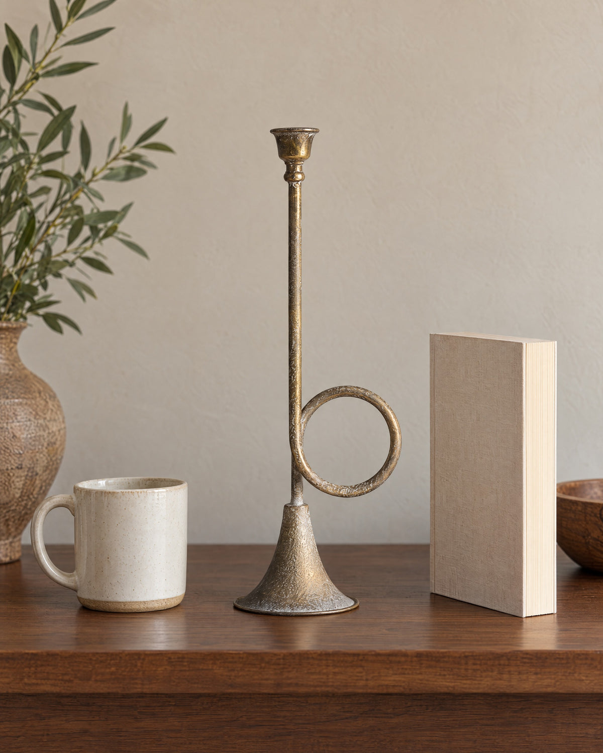 Tall (15.9 in): Corno Horn Ring Iron Candlestick shown at true scale