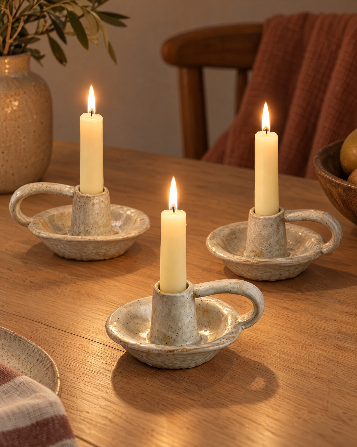 Wabi Speckled Ceramic Chamberstick, three styled together with lit candles