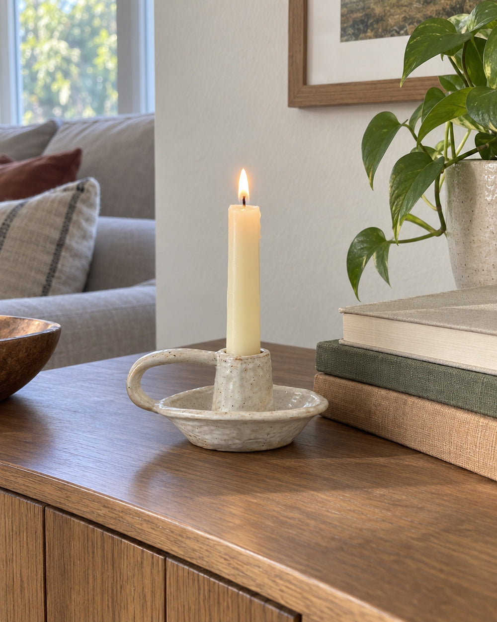 Wabi Speckled Ceramic Chamberstick in a real home
