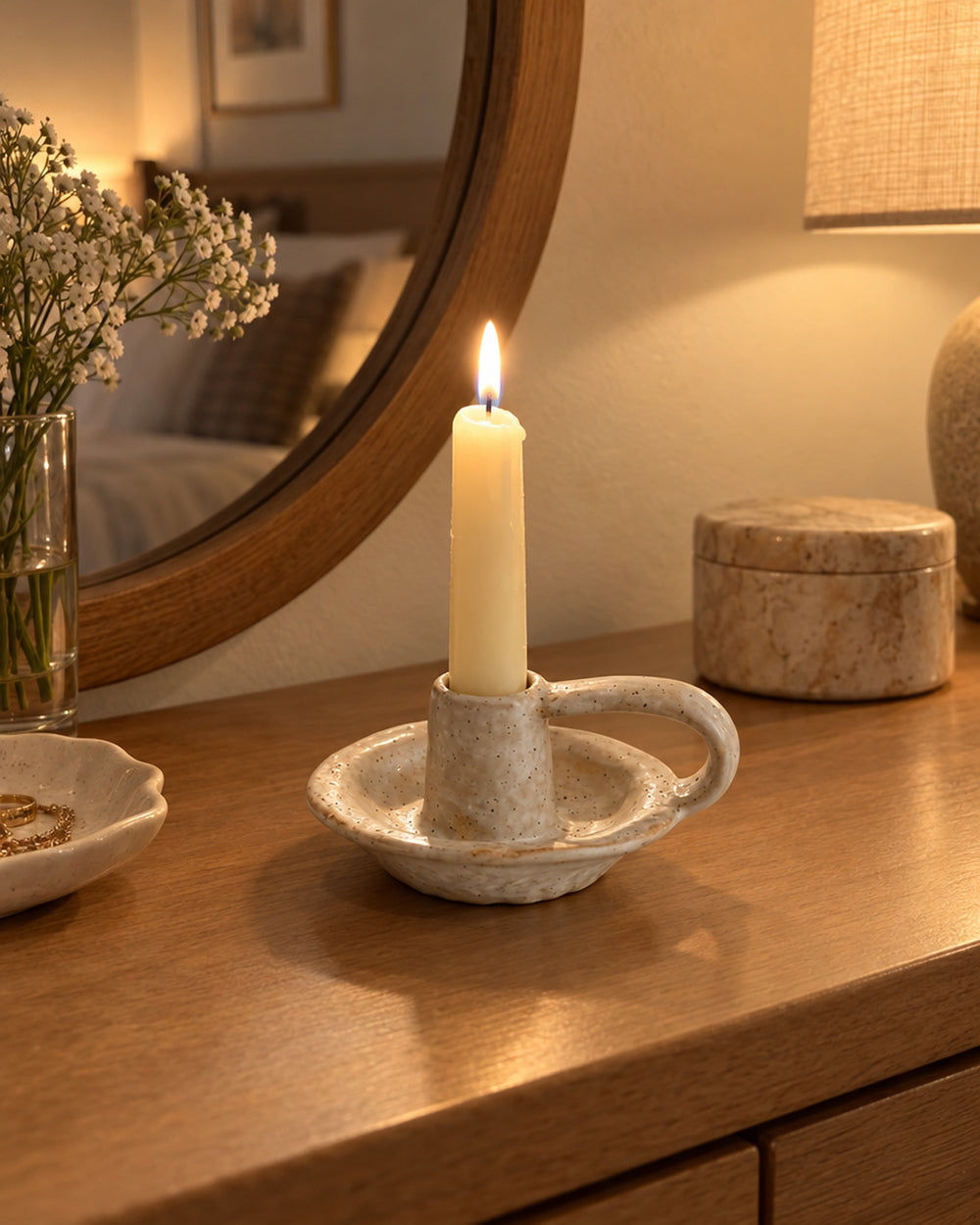 Wabi Speckled Ceramic Chamberstick in a real home