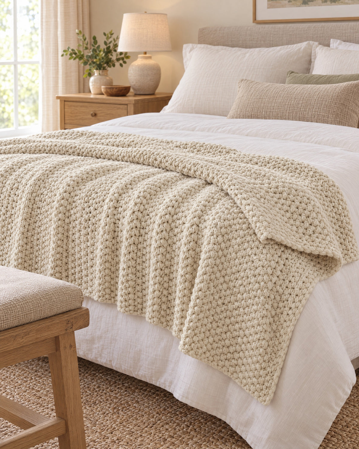 Waffle Knit Throw Blanket, Cream, All-Season laid across the end of a bed