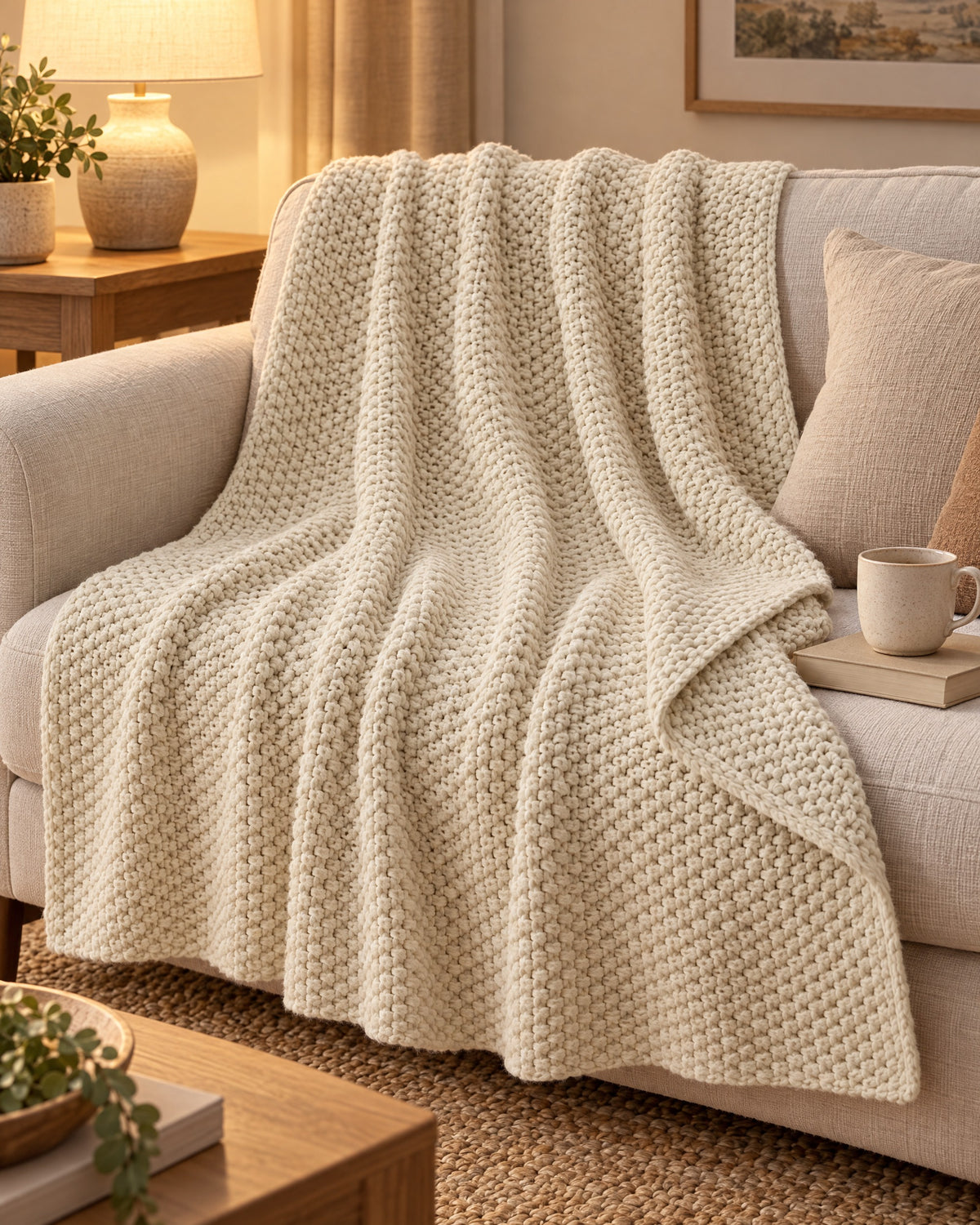 Waffle Knit Throw Blanket, Cream, All-Season on a sofa in warm evening light